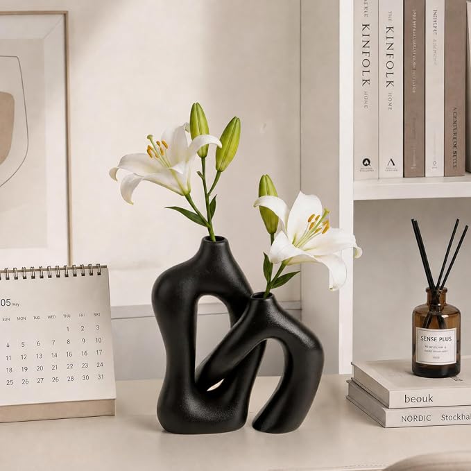 Dowan Black Vases for Decor,Hollow Ceramic Vase Set of 2,8.3" Nordic Modern Boho ins Style Decorative Ceramic Aesthetic Flower Vase for Home Decor Modern Minimalist Table, Entryway Centerpieces