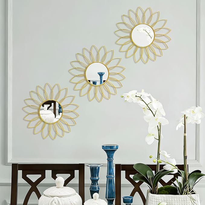 3 Pack Metal Mirrors for Wall Sunburst Wall Mirrors Home Décor Decorative Hanging Wall Art for Living Room Bedroom Entryway (Gold2, Flowers)