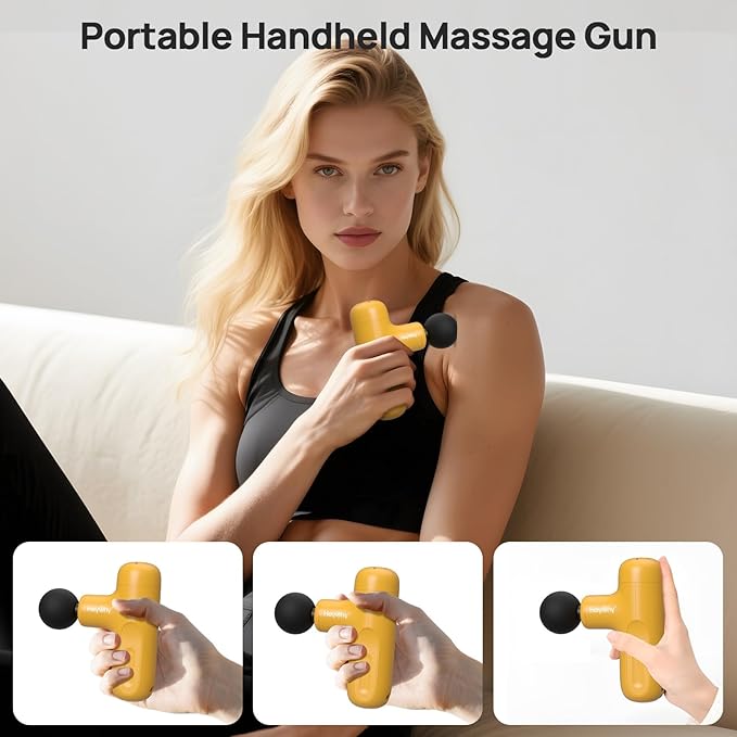 Super Mini Massage Gun Deep Tissue, Handheld Muscle Massager with 4 Heads, Percussion Travel Size Massager Gun for Back Pain Relief, Quiet for Home, Gym, Office, Gift for Men & Women, Yellow