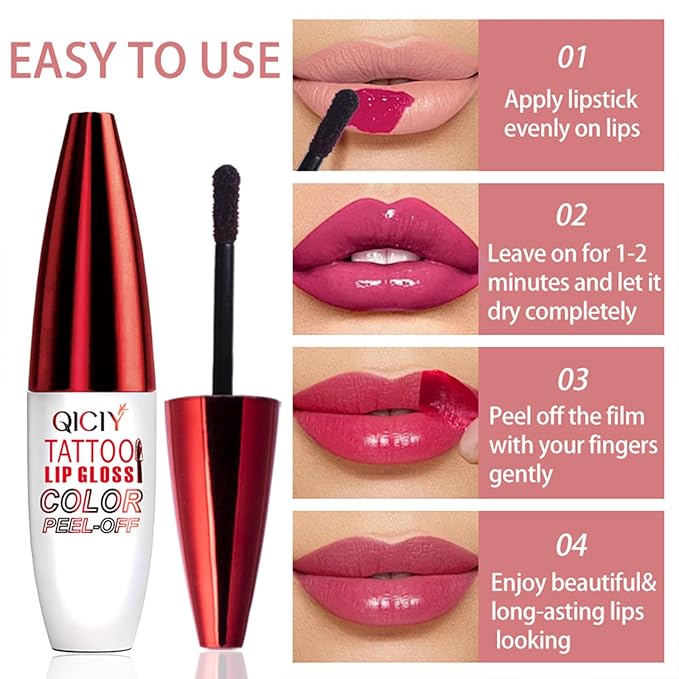 3PCS Peel Off Lip Stain Lip Tint,Waterproof Long-Lasting Tear-off Lip Gloss,Peel Reveal Lip Stain,Peel Off Tattoo Lipsticks,Nonstick Cup Lip Gloss, Tattoo Magic Color Lip Set Lip Makeup