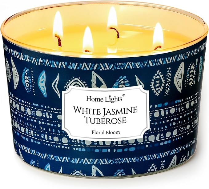 HomeLights Scented Candles for Women & Men, 18oz Candle Jars Aromatherapy 4-Wick Candle, Ideal for Bohemian Natural Textures Home Decor and Gifts, White Jasmine Tuberose