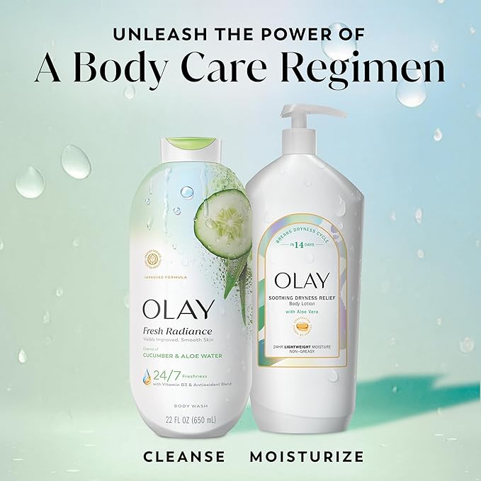 Olay Body Wash for Women, Fresh Radiance, 24/7 Skin-Loving Freshness, Visibly Radiant, Plant Based Cleansers, Vitamin B3 & Antioxidant Blend, For All Skin Types, Cucumber & Aloe Water Scent, 22 fl oz
