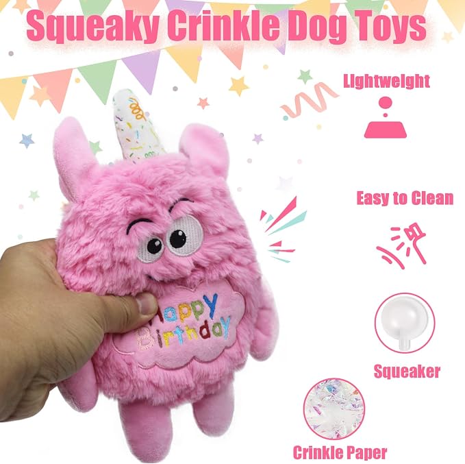 Monster Dog Birthday Toy for Gifts, Stuffed Dog Plush Toy, Pink | Crinkle Squeaky, Soft Lightweight Toy for Fetch and Chew, Interactive Outdoor Indoor Play for Tug, For Puppy Small Medium Dog