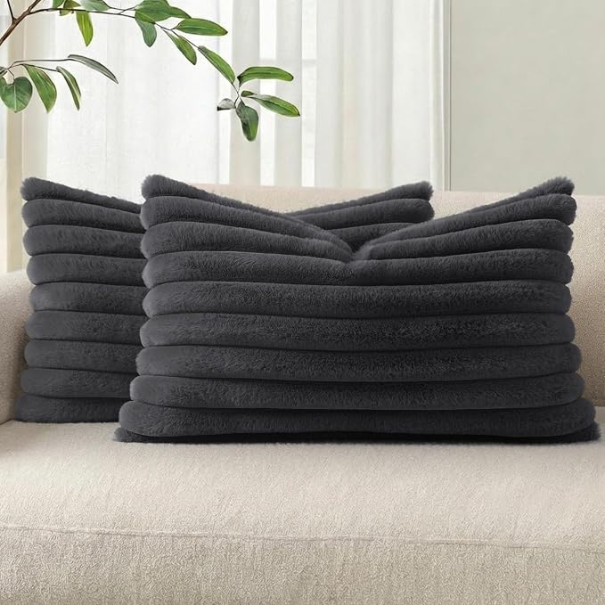 Pallene Faux Fur Decorative Throw Pillow Covers 12x20 Set of 2, Dark Grey | Luxury Plush Texture, Striped Design, Cozy Soft Touch, Modern Home Accent Decor for Couch, Sofa, Bed, Living Room