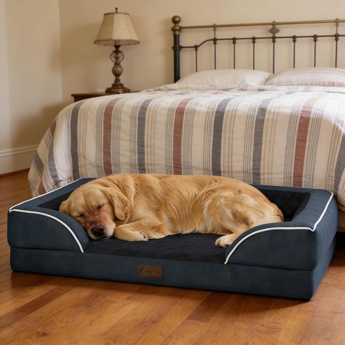 Orthopedic Dog Bed for Extra Large Dogs, Navy Blue, 48x30in | Orthopedic Foam Relieves Joint Pressure, Bolsters Supports Head And Neck, Washable Cover, Non-Slip Bottom