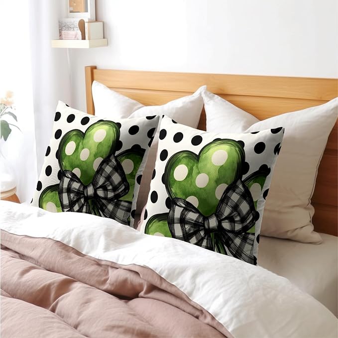 Kawani St Patricks Day Pillow Covers 22x22 Inch Polka Dots Green Shamrock Clover Leaf Cotton Linen Holiday Cushion Pillowcases for Couch Sofa Chair Holiday Home Outdoor Decor Set of 2