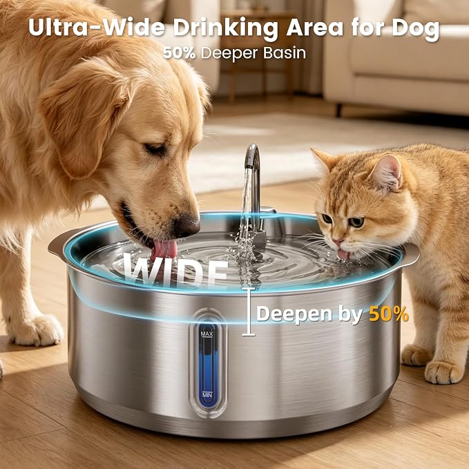 Invengo 8L/270oz Quiet Stainless Steel Dog Water Fountain, 2 Filters | 50% Thicker 6mm Steel, Dual Filters, 6-Layer Deep Purification, Under 25dB Whisper-Quiet Operation, 2 Flow Modes