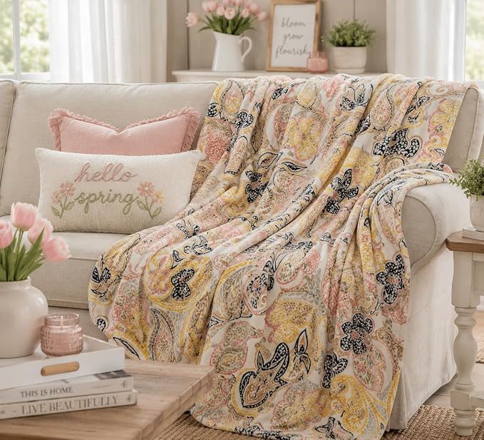 Bohemian Floral Fleece Throw Blanket: Velvety Soft, Durable Paisley Boho Accent for Bed or Couch (Yellow Paisley, 50 x 70 inches)