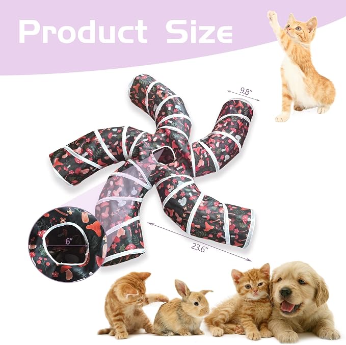 EGETOTA Cat Tunnel for Indoor Cats Large, with Play Ball S-Shape 5 Way Collapsible Interactive Peek Hole Pet Tube Toys, Puppy, Kitty, Kitten, Rabbit (S5 - Mushroom)