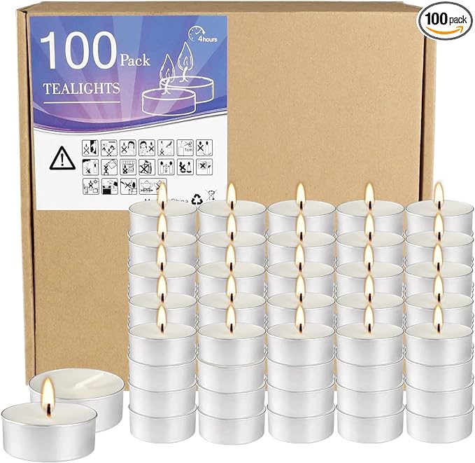 Unscented Tealight Candles, 100 Pack Bulk Tea Lights, 4 Hours Long Burning, Smokeless White Votive Candles for Home Décor, Wedding, Party, Spa, Emergency, Holiday & Everyday Use | Mini Candles Bulk