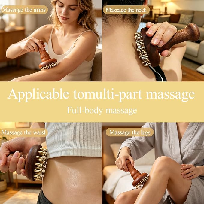 29teeth Copper Head Massage Comb for Body and Scalp Meridian Point Massager Brush for Body and Scalp Relief Body Massage Brush for Cellulite Remover Chinese SPA Gua Sha Tool Wooden Handle