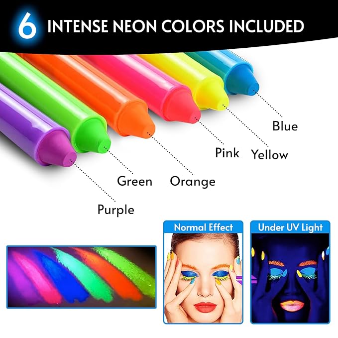 Glow King Blacklight Reactive Crayons | Glow in the Dark Paint for Face and Body | Intense Luminous Sticks for Fluorescent Parties | Colorful UV Makeup Neon Gift | Glow Markers Accessories - 12 Pcs
