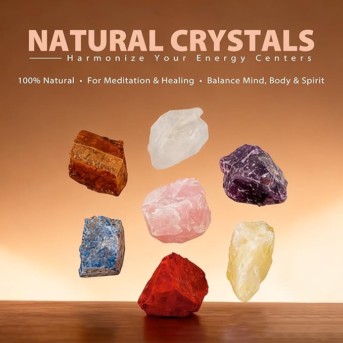 7 Chakra Healing Crystals Set - Large Raw Stones: Amethyst, Rose Quartz, Citrine, Lapis Lazuli, Clear Quartz, Tigers Eye, Red Jasper - Energy Alignment Kit with Wooden Gift Box & Guidebook