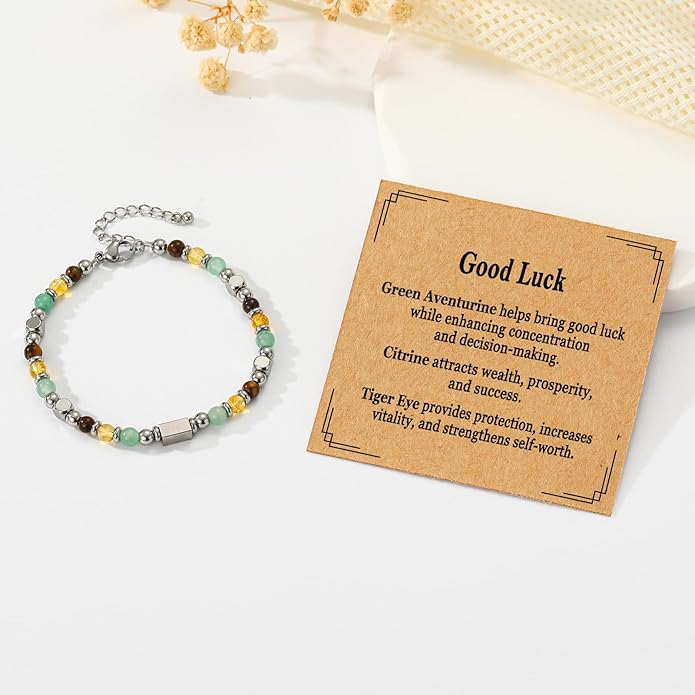 Natural Healing Crystal Bracelet for Women, Triple Protection Anxiety Relief New Beginnings Good Luck Empath Protection Jewelry Gift for Friends Daughter Mom 6.5+1.8 Inches