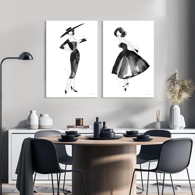 2 Pieces Fashion Women Canvas Wall Art Trendy Models Painting Black and White Funky Poster Pictures Framed Artwork for Bedroom Bathroom Makeup Room Decor 12"x16" (30cmx40cm)