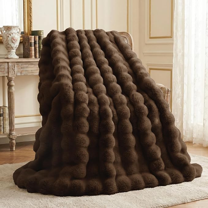 L'AGRATY Faux Rabbit Fur Throw Blanket for Couch, 90'' x 90'', Cocoa Brown | Soft Cozy Bubble Fluffy Blanket for Sofa Bed, Thick Warm Plush Fuzzy Throw for Room Home Decor, Luxury Gift for Women Mom