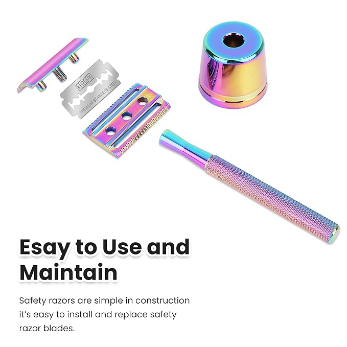 Keropy One Blade Safety Razor With Stand and 10 Premium Stainless Steel Reusable Safety Razor For Men and Women, Single Blade Safety Razors, Rainbow