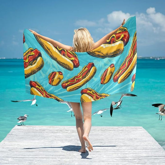 susiyo Hot Dogs with Mustard Beach Towel Microfiber Beach Blankets Quick Dry Oversized Sand Free Super Absorbent Lightweight Pool Towel for Travel Sport Swimming Bath Camping Yoga 31x71 inch