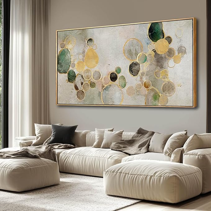 Abstract Canvas Wall Art Gold Circle Painting Green Artwork Framed Wall Prints 29"x 58" Office Wall Decor Colorful Pictures for Living Room Bedroom