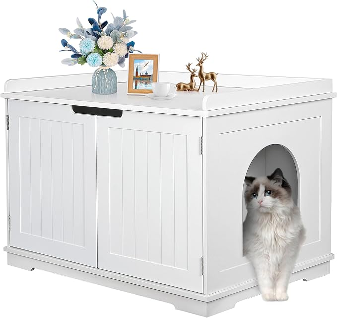 Pet Republic Hidden Cat Litter Box Enclosure Cat Litter Box Furniture Washroom House Table Nightstand (White)