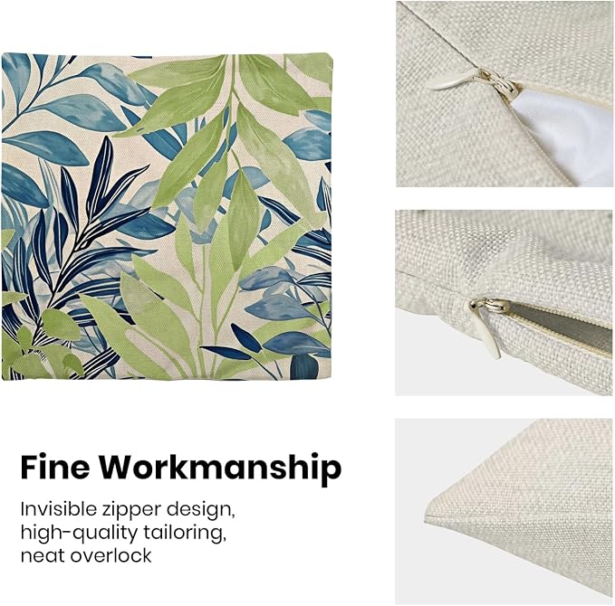 Summer Pillow Covers 18x18 Inches Set of 2 Sage Green Blue Leaves Throw Pillow Covers Outdoor Modern Spring Summer Leaf Decoration Pillowcase Farmhouse Decorative Cushion Cover for Sofa Couch