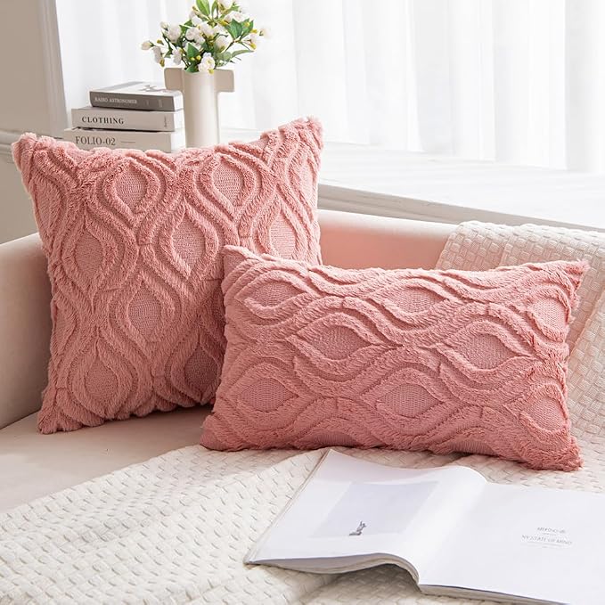 MIULEE Coral Red Soft Plush Faux Wool Throw Pillow Covers 18x18 | Set of 2, Farmhouse Boho Home Decor, Decorative Cushion Covers for Sofa, Living Room, Bed