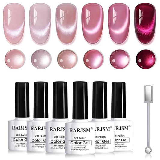 RARJSM Jelly Glassy Pink Cat Eye Gel Nail Polish Set 6Pcs Sparkle Ceramics Diamond Shimmer Nude Pink Colors Velvet Smoothie Cateye Gel Polish with Magnetic Stick Curing Require Home Salon Manicure
