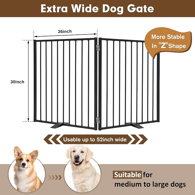 Folding Metal Freestanding Dog Gates Indoor Extra Wide 52" 2 Panels | Heavy Duty Free standing Dog Gate Outdoor - Auto Close, Foldable Pet Fence – Anti-Topple Stability Feet (2 Panels, Black)