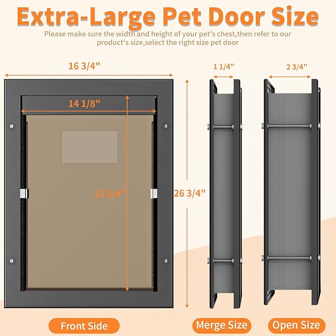 Dog Door for Large Dogs, X-Large Aluminum Frame Pet Door with 2-Way Lock, Easy Install on Interior Door/Screen/Wall, Weatherproof Magnetic Flap (X-Large, Black)