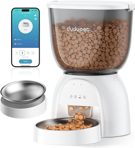 Automatic Cat Feeder with WiFi, Timed Cat Dry Food Dispenser for Cats Dog | 5G&2.4Ghz App Remote Control, 5L Capacity, Dual Power Supply, 10 Meals 1-15 Portion Programmable with Stainless Steel Bowl