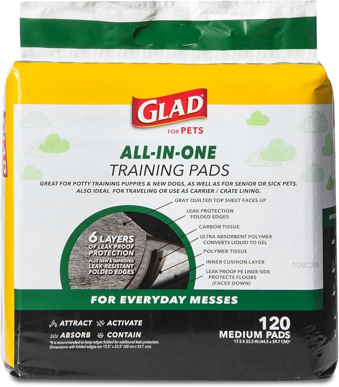 Glad for Pets Black Charcoal Puppy Pads, 17.5 x 23.5 Inch, 120 Count | Super-absorbent core, disposable design, 17.5x23.5 in, potty crate and indoor training