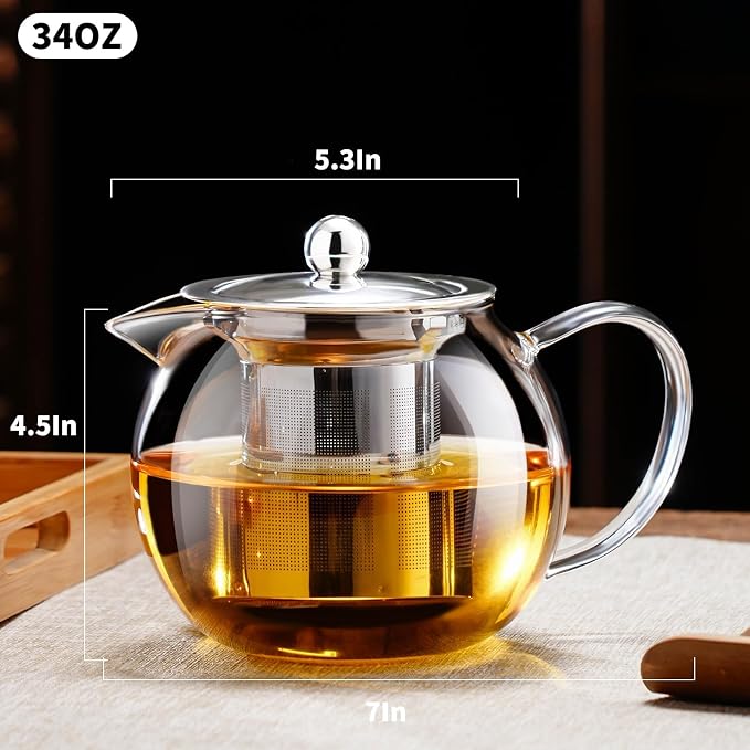 PARACITY Glass Teapot Stovetop 34OZ, Borosilicate Clear Tea Kettle with Removable 18/8 Stainless Steel Infuser, Teapot Blooming and Loose Leaf Tea Maker Tea Brewer (transparent, 34oz/1000ML)