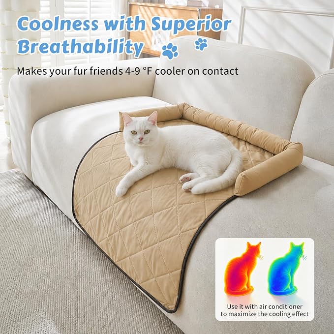Cooling Dog Bed Mats with Neck & Head Support, 31.5 x 23.62 inch Khaki | for Small and Medium Dogs & Cats, Non-Slip, Machine Washable, Protects Sofa from Fur & Scratches