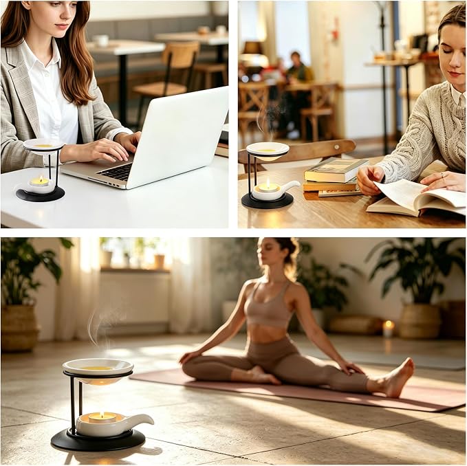 Metal Essential Oil Burner, Aromatherapy Oil Warmer with Ceramic Tray, Durable Fragrance Oil Diffuser for Home Spa Yoga Meditation Relaxation
