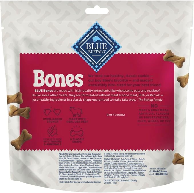 Blue Buffalo Bones Beef Mini Dog Biscuits, 12 oz, 4 ct | Real Beef First, Classic Bone-Shaped Biscuit, No BHA, Meat & Bone Meal, or Artificial Preservatives,