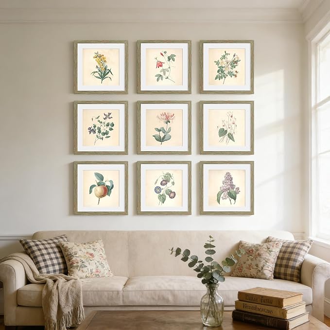 12x12 Picture Frame Set of 9, Display Pictures 8x8 with Mat or 12x12 without Mat, Multi Collage Gallery Square Photo Frames for Wall or Tabletop, Rustic Brown