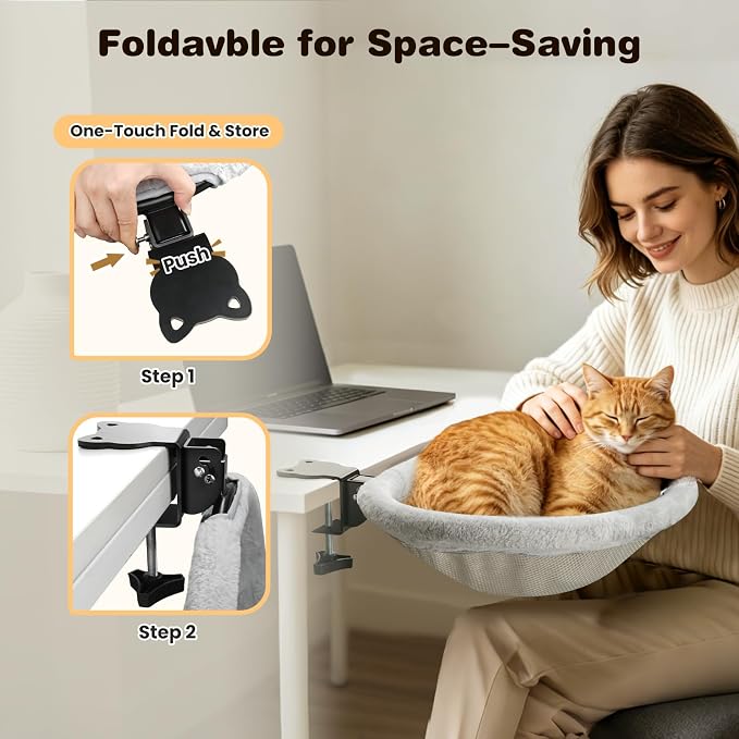 Cat Desk Bed,Cat Desk Hammock with Foldable Clip-On, Light Gray | Reversible Double-Sided Mat&No-Drill Sturdy Metal Cats Perch,Supports 40 lbs,Space-Saving Cats Furniture for Home Office Game