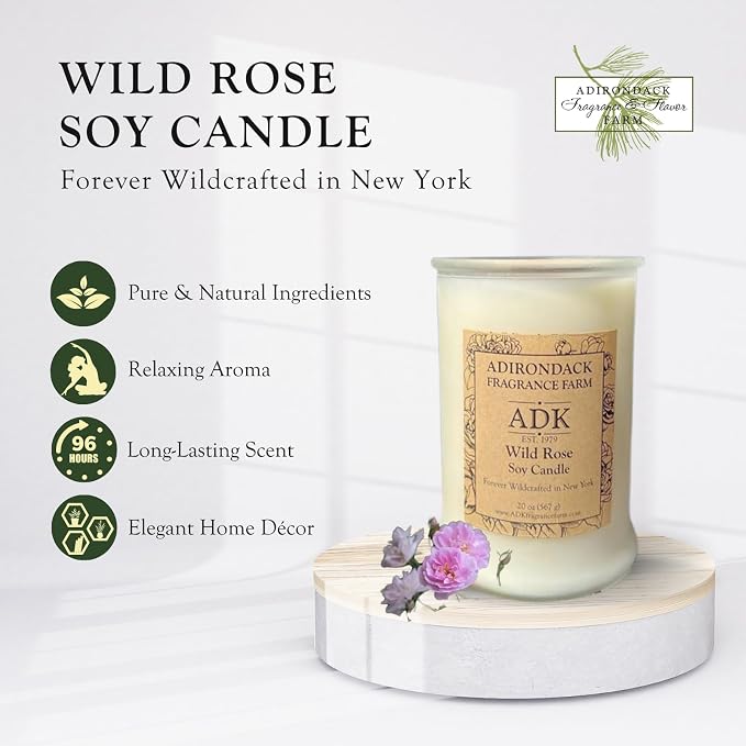 ADK Wild Rose Scented Candle, 20 Oz Aromatherapy Candle, Proudly Poured in The USA, Natural Wax for Relaxation and Home Décor, for Gift, Kitchen, and Living Spaces