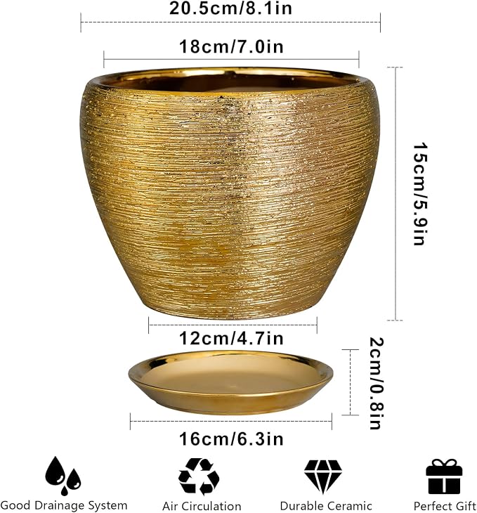 Ceramicfor Ceramic Plant Pot 8 Inch - Planter for Outdoor Plants Indoor Plant Pot with Drainage Hole and Saucer Decorative Round Planter Modern Flower Pot for House Decor Gold