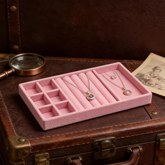 Velvet Jewelry Organizer Tray, Pink 3-in-1 | Stackable Jewelry Storage Display Tray with Removable Dividers for Drawer Dresser Cloest Organizer
