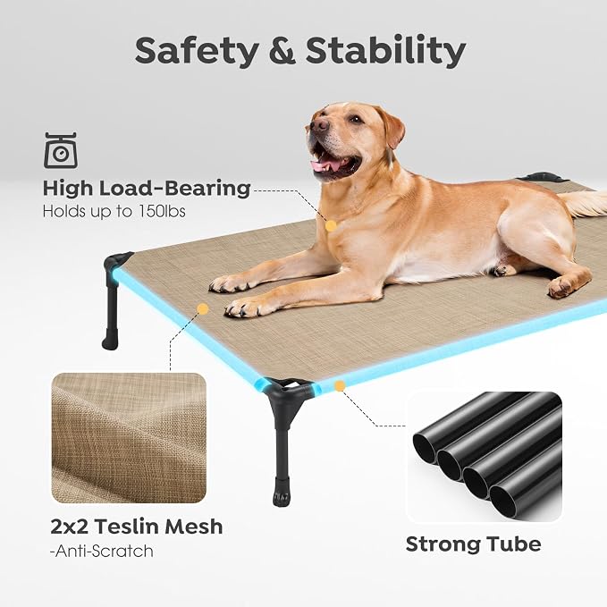Veehoo 2 Pack Outdoor Elevated Dog Bed for Large Dogs, Cooling Raised Cots | Off-ground training platform, portable camping hammock, breathable mesh, easy to clean, 42"x30", Beige Coffee