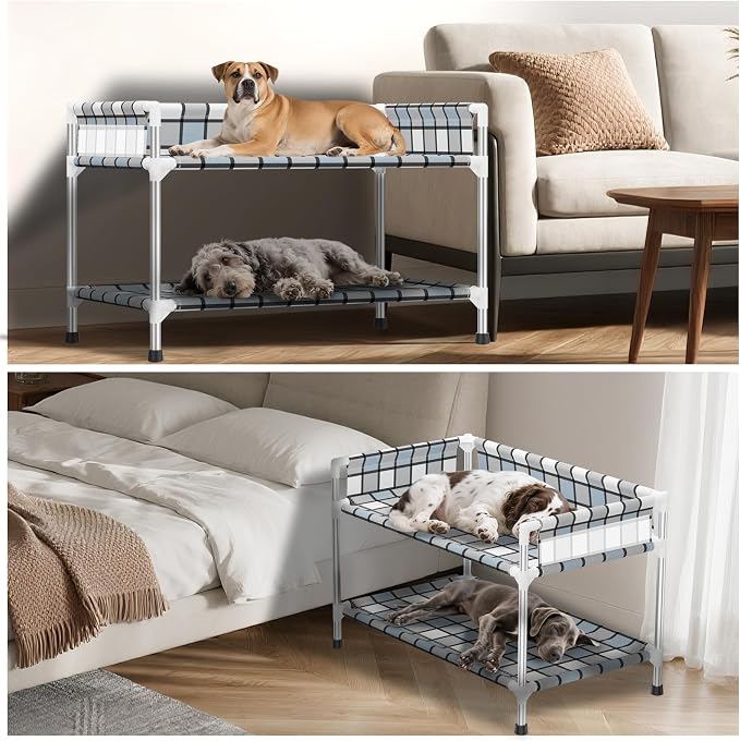 Bedside Dog Bunk Bed with Guardrail, 2 Layers Window Perch Sleeper Dogs Cot | 2-Tier Bedside Sleeper with 3-Fence, Double Elevated Human Dog Bed for Multi-Pet Households, Medium