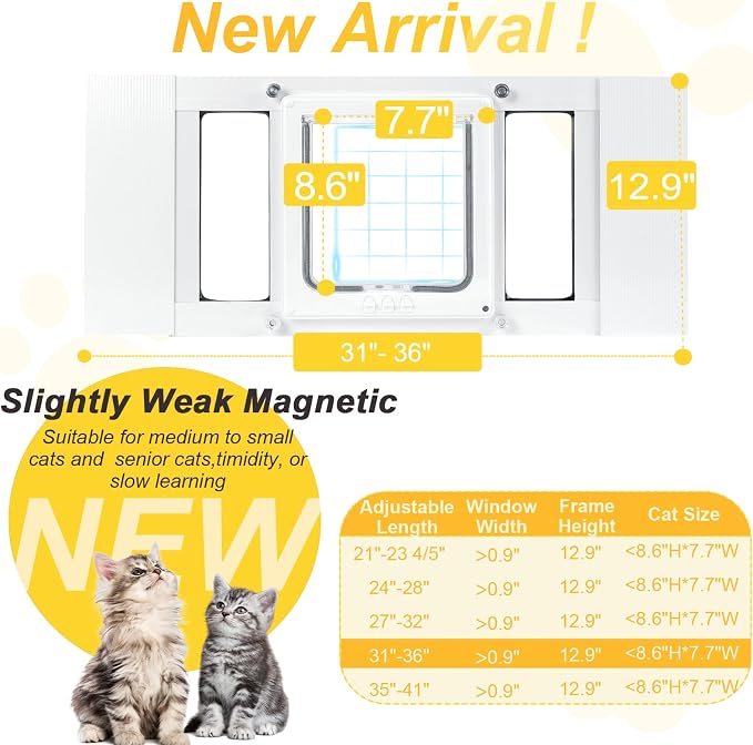 Petoasis Pet Door for Window 23"-38" Wide,Windows Pet Door for Cats and Small Dogs,7.87" W×10.62" H,No Drilling Installation (Standard Height, L: Fit 32"-36" Width)