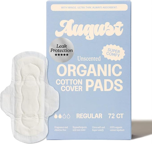 August Regular Cotton Menstrual Pads, 72-Pack Ultra Thin Pads with Wings, Hypoallergenic Sanitary Napkins with Organic Cotton Topsheet, Compostable Wrappers, Toxin Free, Fragrance Free