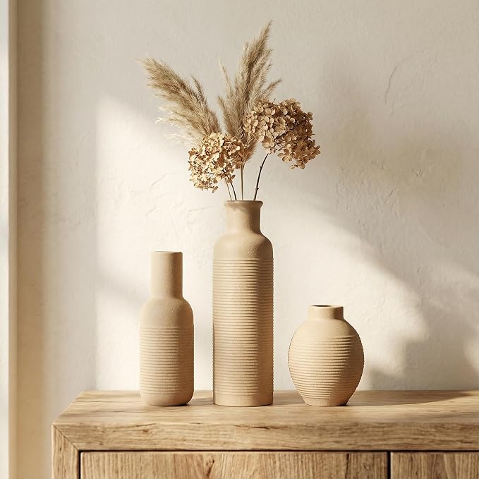 Rustic Farmhouse Vase Set of 3 - Ceramic Decorative Vintage Vases Home Decor - Pampas Grass Dried Fresh Flowers - for Centerpiece, Coffee Table, Mantel Entryway, Living Room, Bedroom (Retro 2)