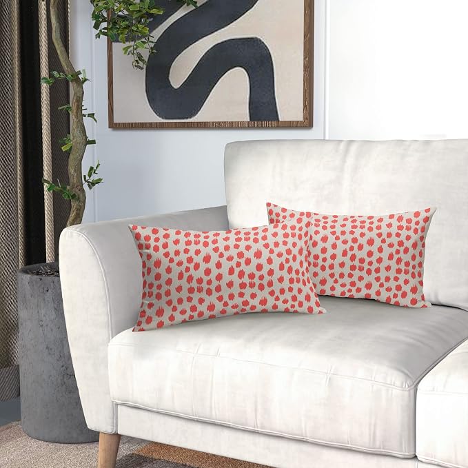 Coral Cream Pillow Covers 12x20 Set of 2 Boho Design Polka Dot Throw Pillows Modern Brush Strokes Print Decorative Outdoor Pillowcase Lumbar Cushion Cover Linen Pillow Case for Home Sofa Couch Bed