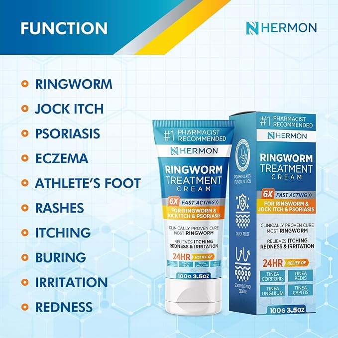 Hermon Powerful Antifungal Ringworm Cream - Effective Treatment for Stubborn Ringworm, Jock Itch, Eczema, Tinea Versicolor, Athlete's Foot - for Adults and Kids - 100ml