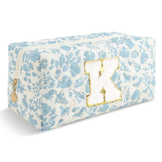 Personalized Quilted Cosmetic Bag, Puffy Monogrammed Christmas Birthday Gifts for Women & Girls, Cute initial Floral Makeup Bag Puffer Coquette Bag, Aesthetic Travel Toiletry Zipper Pouch(Blue,K)