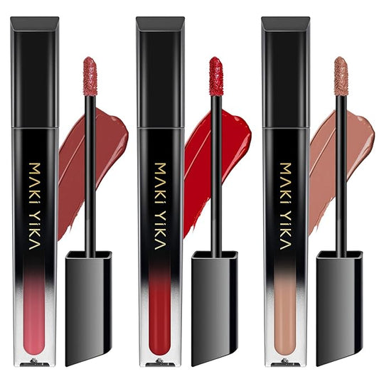 MAKI YIKA 3Pcs Matte Liquid Lipstick Makeup Set Red Dark Nude Lipstick Long Lasting Smudgeproof Transfer Proof Lip Makeup, MVPRed/Nude/LatteNude