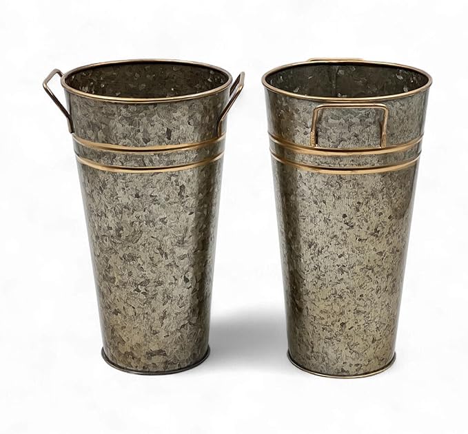 Hosley Set of 2 Zinc Finish Bucket/Pot Vase with PVC Liner, 5" Dia x 9" H Ideal Gift for Floral Arrangements Wedding Home Office Party DIY Indoor Outdoor Garden Patio